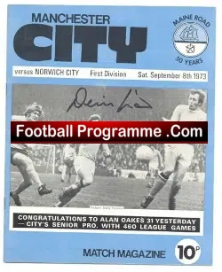 Manchester City v Norwich City 1973 - Signed by Denis Law - football programme