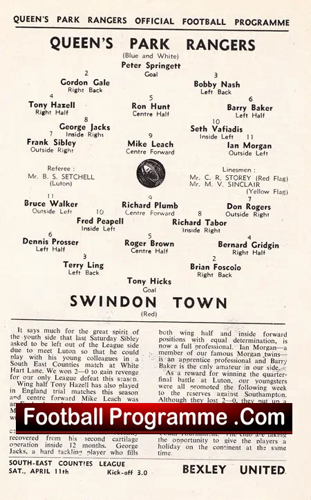 Queens Park Rangers v Swindon Town 1964 FA Youth Cup Semi Final