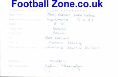 Leicester City John Farrington Signed Biographical Summary Form