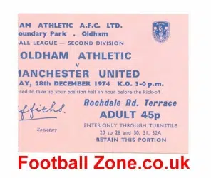 Oldham Athletic v Manchester United 1974 - Ticket 2nd Division