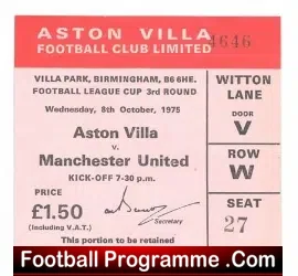 Aston Villa v Manchester United 1975 – Ticket League Cup