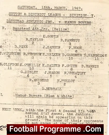 Banstead Athletic v Manor Rovers 1949 – Juniors Football  Match