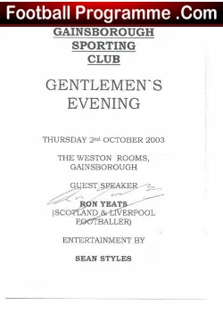 Gainsborough Sporting Club Signed Menu Ron Yeats Liverpool - football memorabilia