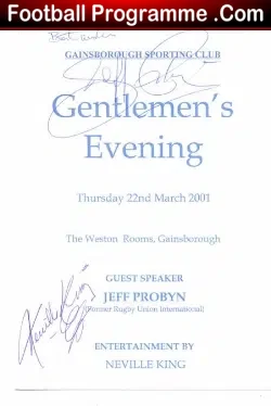 Gainsborough Sporting Club Signed Menu Jeff Probyn England Rugby - sports memorabilia