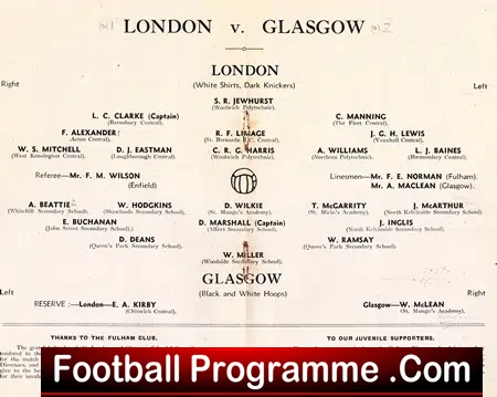 London v Glasgow 1939 – School Boys – at Craven Cottage Fulham