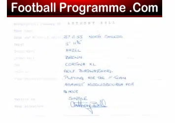Newcastle United Anthony Bell Signed Biographical Summary Form