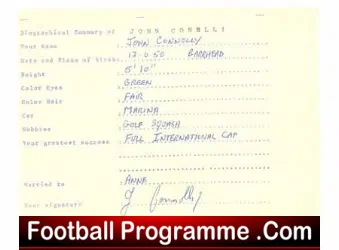 Newcastle United John Connolly Signed Biographical Summary Form