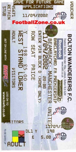 Bolton Wanderers v Manchester United 2002 - Ticket - Beam Back