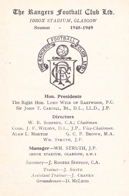 Glasgow Rangers Football Club Yearbook Handbook 1948 - 1949