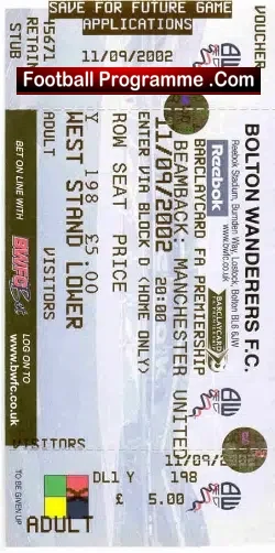 Bolton Wanderers v Manchester United 2002 – Ticket – Beam Back