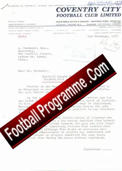 Coventry City Football Letter 1973 Dodgy Referee