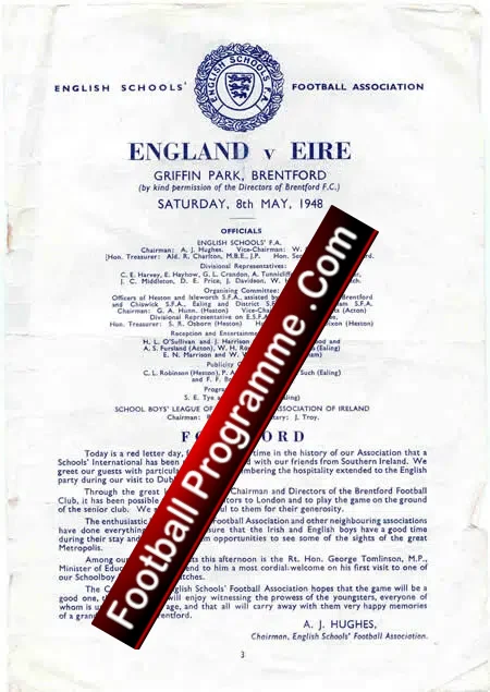 England v Ireland 1948 – Griffin Park Brentford Schools