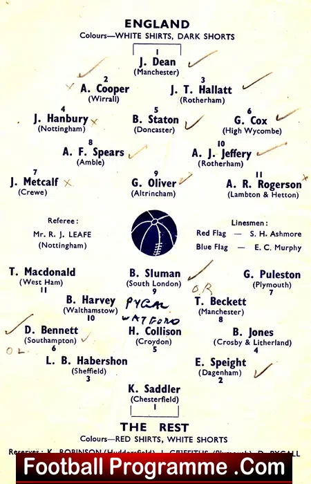 England v Rest Of The World 1954 – Schools Boys at Notts County