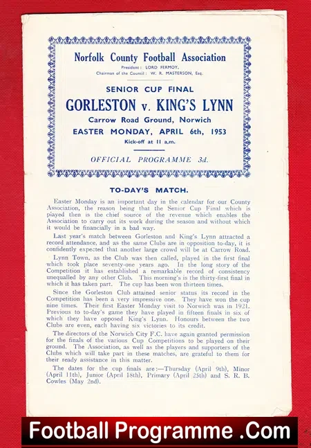 Gorleston v Kings Lynn 1953 – Senior Cup Final Programme