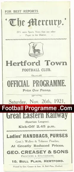 Great Eastern Railway v Hertford Town 1921 – Rare Old Programme