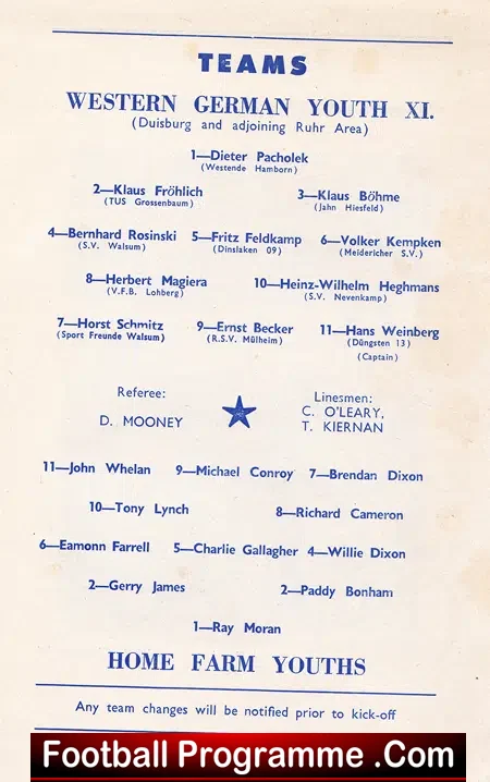 Home Farm v West Germany 1959 – Youth Match