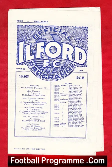 Ilford v Kingstoian 1946 – 1940s Football Programme