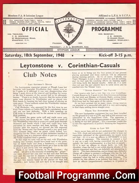 Leytonstone v Corinthian Casuals 1948 – 1940s Football Programme