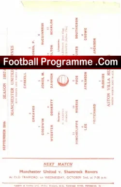 Manchester United v Aston Villa 1957 - Reserves Game - football programme