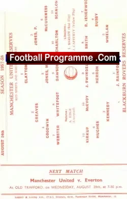 Manchester United v Blackburn Rovers 1957 Reserves + B Charlton