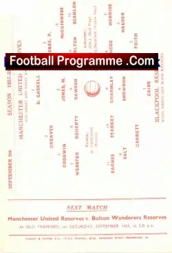 Manchester United v Blackpool 1957 - Reserves Match - football programme