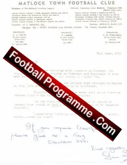 Matlock Town Football Club Letter 1969 Ian Swift