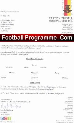 Murdo MacLeod Letter – Partick Thistle 1997