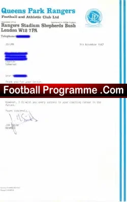 QPR Queens Park Rangers Official Club Letter 1987