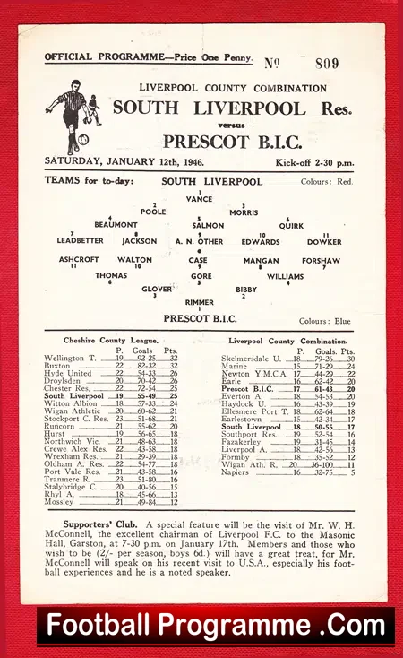 South Liverpool v Prescot BIC 1946 – 1940s Football Programme