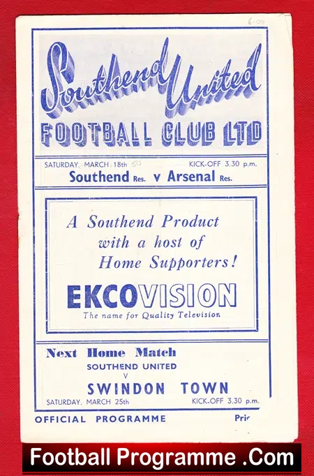 Southend United v Arsenal 1950 – Reserves – Print Error