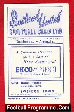 Southend United v Arsenal 1950 – Reserves – Print Error