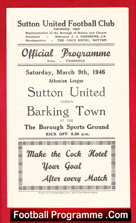 Sutton United v Barking 1946 – 1940s Football Memorabilia
