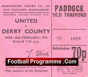 Manchester United v Derby County 1976 - Ticket Stub