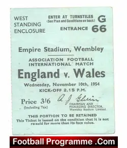 England v Wales 1954 - Football Ticket - football memorabilia