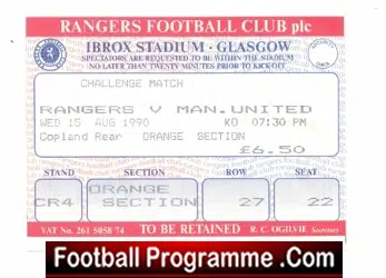 Glasgow Rangers v Manchester United 1990 – Friendly Match Ticket