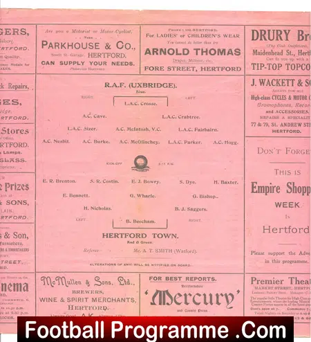 Hertford Town v Royal Air Force RAF Uxbridge 1925