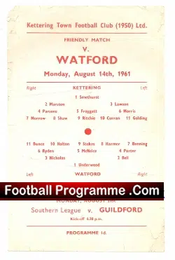 Kettering Town v Watford 1961 Friendly Match – Single Sheet