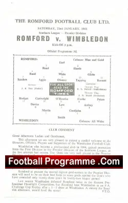 Romford v Wimbledon 1966 - Single Sheet - football programme