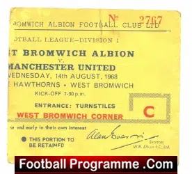 West Bromwich Albion v Manchester United 1968 – Football Ticket