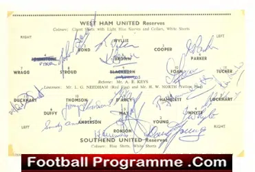 West Ham United + Southend Football Team 1950's Signed Sheet - football programme