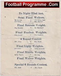Boxing Programme Single Sheet early 1900's - boxing programme
