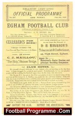 Egham v Lyons Club 1930 – Old 1930s Football Programme