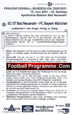 Germany Bayern Munich Ladies Football Programme 2001 Women Frau - football programme
