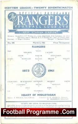 Glasgow Rangers v Heart of Midlothian Hearts 1961 - football programme