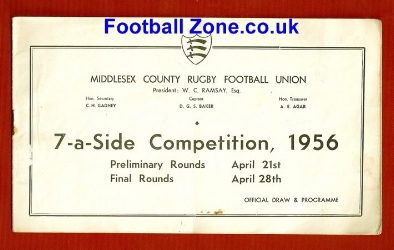 Middlesex Seven A Side Rugby Competition Programme 1956 – 7’s