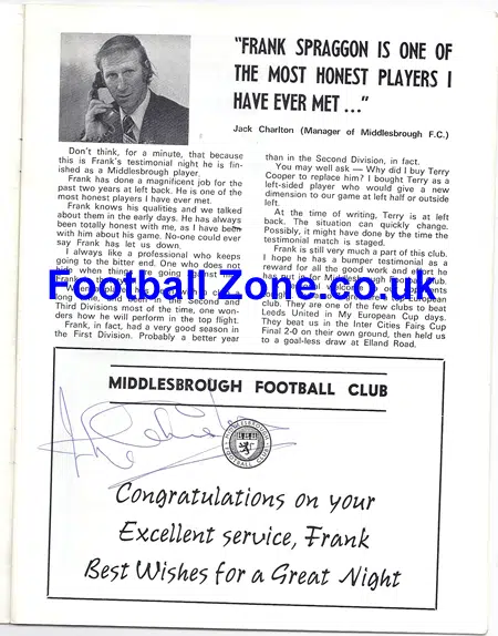 Frank Spraggon Testimonial Middlesbrough 1975 Autograph Charlton