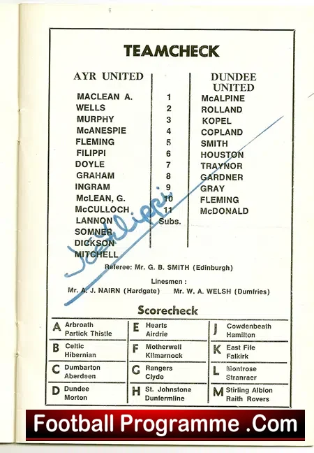 Ayr United v Dundee United 1974 – SIGNED Filippi + Kopel