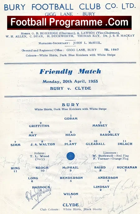 Bury v Clyde 1955 – Multi Autographs SIGNED