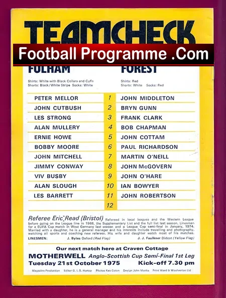 Fulham v Nottingham Forest 1975 + Bobby Moore