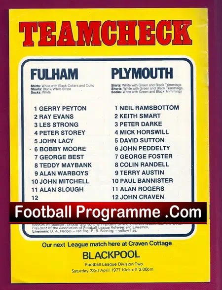 Fulham v Plymouth Argyle 1977 – George Best + Bobby Moore